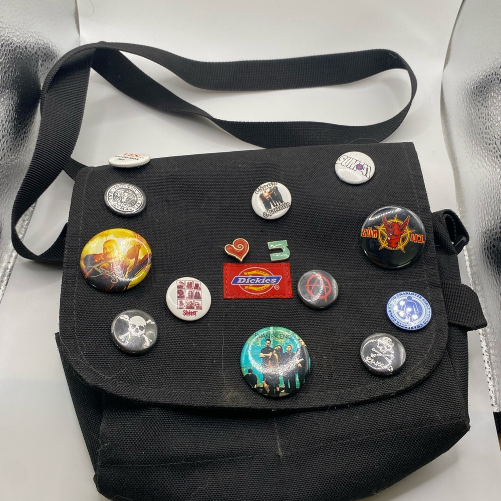 Vintage Dickies Black Messenger Bag with Pins